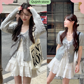 Sét 3 món-Váy xòe mix với áo 2 dây kèm áo khoác len mặc tiểu thư cho các nàng