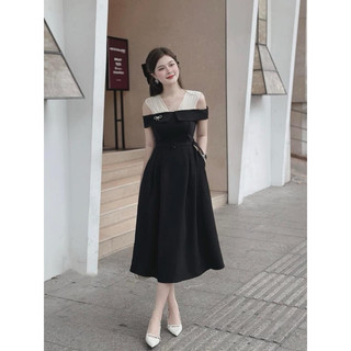 Đầm đen 2 dây trễ vai đính nơ ♥️ về thêm Đầm midi đen xoè trễ vai phối voan nude đính nơ 💗