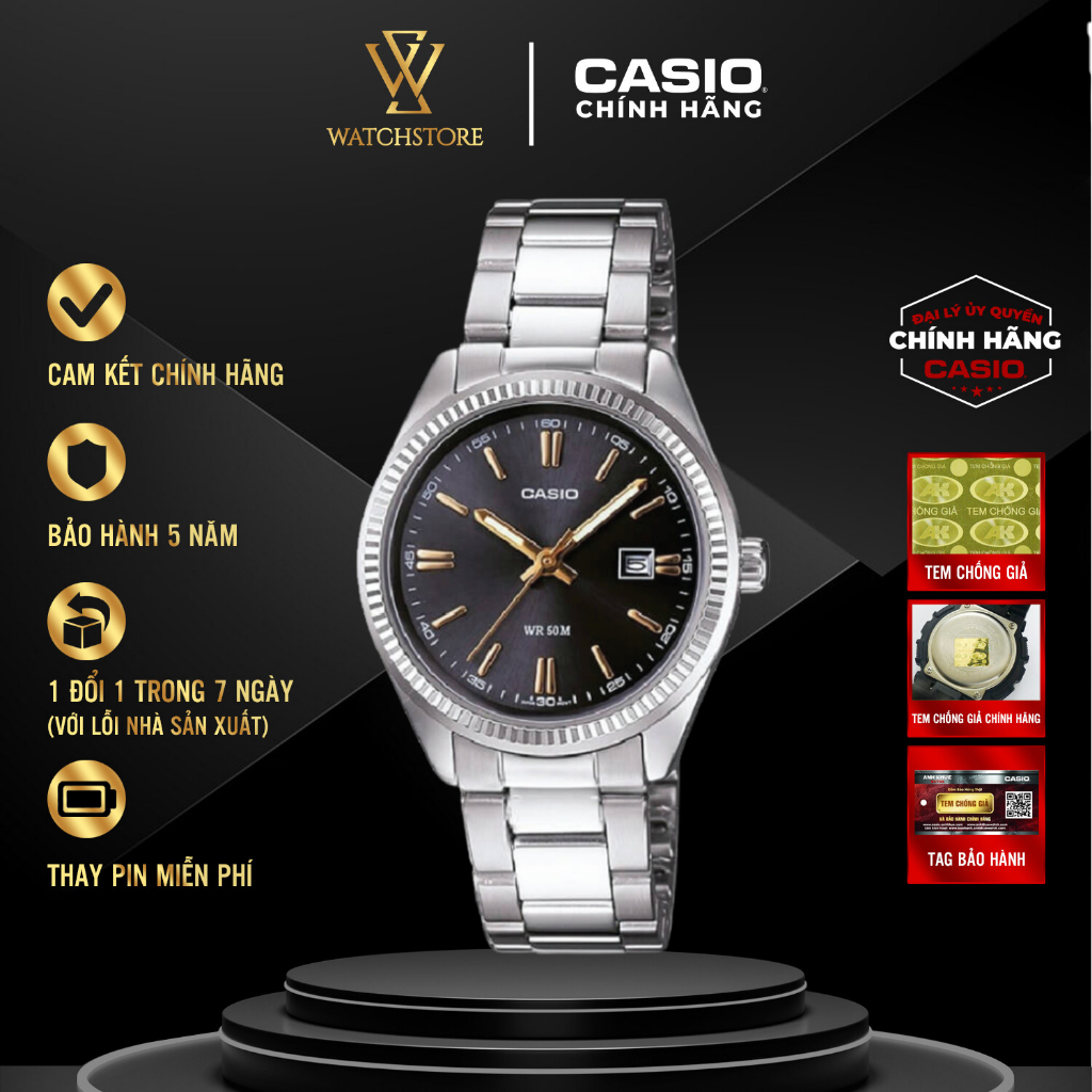 Đồng Hồ Nữ LTP-1302D-1A2VDF Mặt Đen Kim Vàng Dạ Quang Kính Khoáng Size 30.2mm Chống Nước Dây Kim Loạ