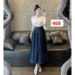 Set váy thiết kế nữ chất áo thun gân trễ vai cánh dơi kết hợp cùng chân váy jeans dáng xòe kèm nịt thời trang