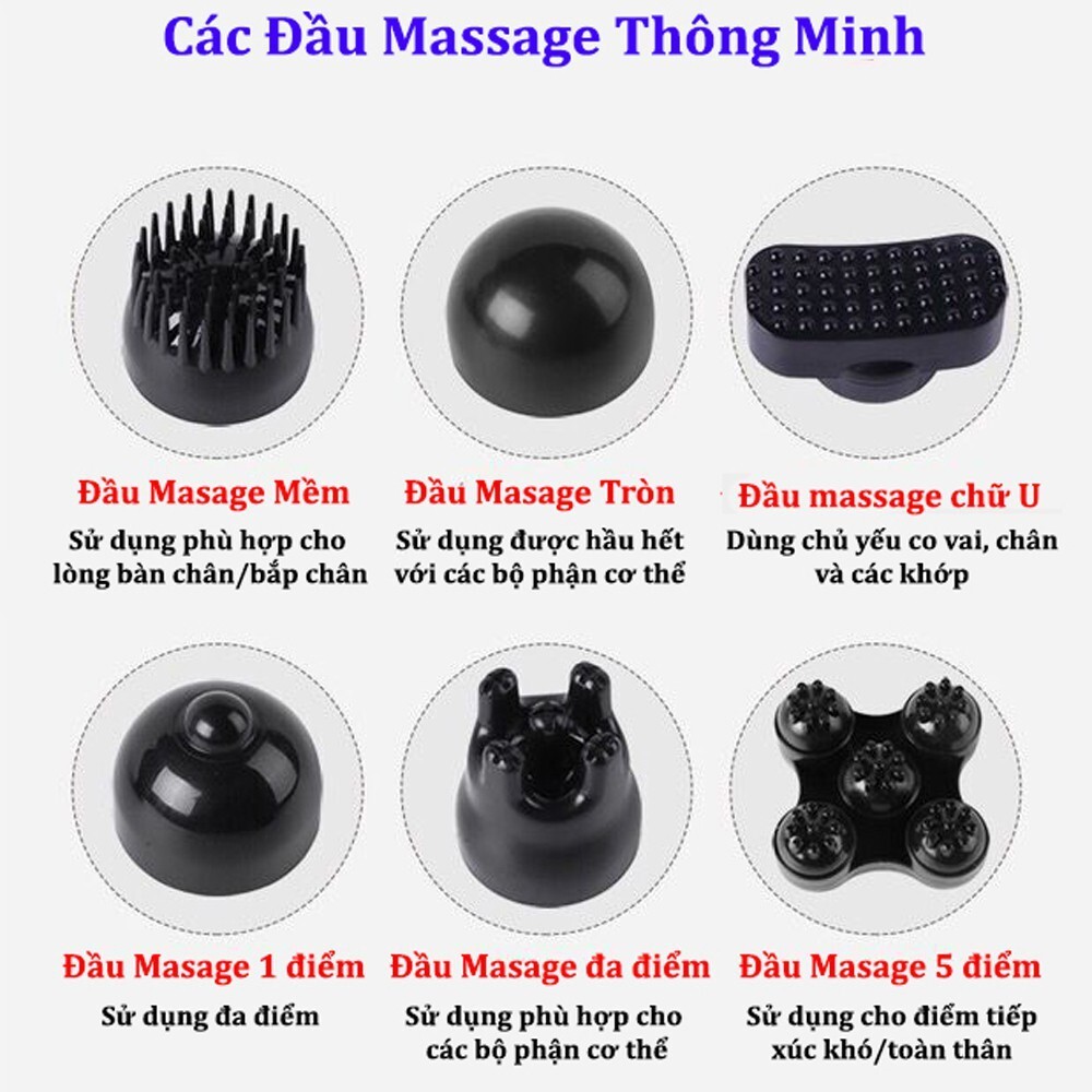 Máy massage cầm tay, Máy đấm lưng cao cấp 6 đầu, Pin sạc không dây siêu tiện lợi , Bảo hành 6 tháng