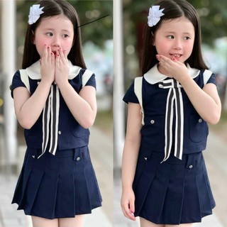 Set váy than cổ trắng nơ dài bé gái