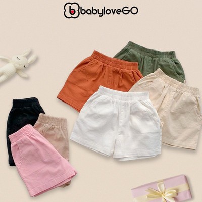Quần sooc đùi linen kaki mềm bé trai bé gái unisex trắng đen cam rêu hồng nâu be BabyloveGO 9 đến 30kg