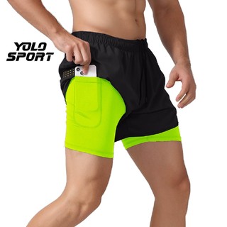 Quần đùi runing chạy bộ nam 2 lớp short tập gym thể thao thoải mái vận động có túi khóa sau đựng điện thoại yolo sport