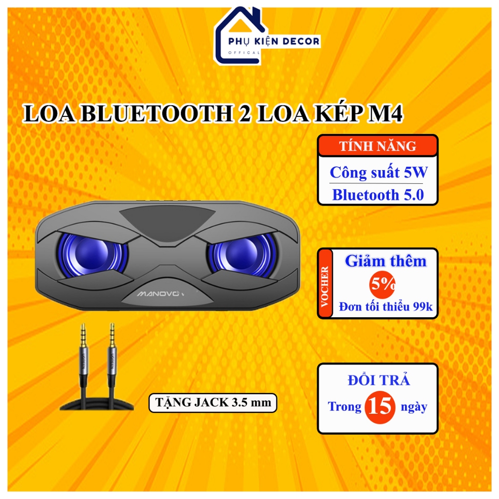 Loa Bluetooth 5.0 MANOVO M4 loa kép, bass mạnh, siêu trầm