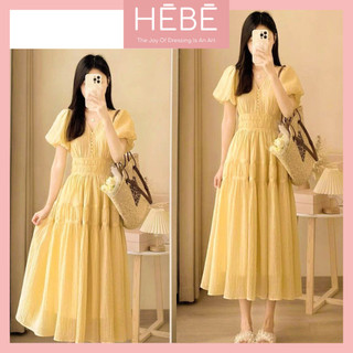 Set váy nữ Yuuki thiết kế hàng cúc ngực váy xếp tầng tôn dáng, Đầm nữ thời trang cao cấp chất tơ tằm mềm mại HEBE