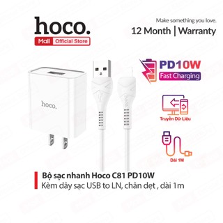 Bộ sạc PD10W Hoco C81 USB to LN dùng cho ip6/7/8/X sạc  2.1A, dây nhựa dẻo, dài 100cm, chân dẹt