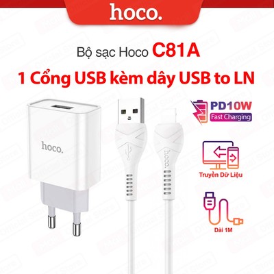 Bộ sạc nhanh PD10.5W USB to IP Hoco C81A/C81/C106 1 cổng sạc dùng cho 14 trở xuống, dài 1m
