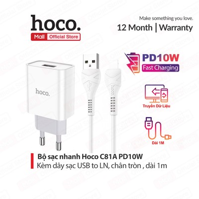 Bộ sạc PD10W Hoco C81A USB to IP dùng cho ip7/8/X/11/12/13/14 chân tròn 1 cổng USB kèm dây sạc dài 1M