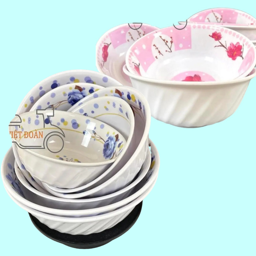 V- Bộ 5/10 Tô MELAMINE Bồng màu Hồng/ Xanh mẫu [XOẮN] - HÀNG VIỆT NAM CHẤT LƯỢNG. Tô chén dĩa MECA