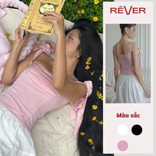 RÊVER Áo hai dây croptop nữ cột dây nhún ngực dễ thương Peony Top trễ vai tay phồng