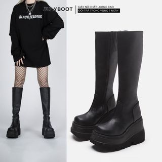 (SẴN) Boot Nữ Cổ Cao Giày Bánh Mì Nữ Big Size 41 42 43 Đế Cao 8,5 cm Có Khóa Kéo Phong cách Y2K (ảnh thật) bk