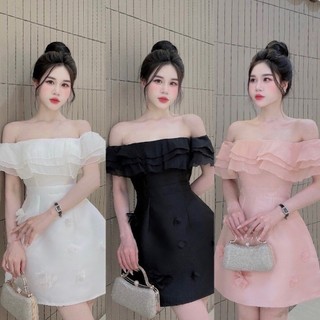  Đầm Thiết Kế Trễ Vai Dáng Mini Đính Hoa Nổi Tiểu Thư Bigsize Quỳnh Anh Từ 50kg-90kg S M L XL XXL DX1414 