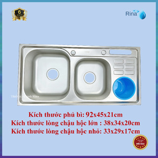 Chậu rửa chén inox 2 hộc có hố rác tặng bộ xả 2 hộc rina c12 92x45cm
