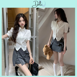 Set Áo Sơ Mi Tay Bồng Cổ Bẻ Rút Dây + Quần Giả Váy Phối Nơ Chất Liệu Thô Hàn Phong Cách Hàn Quốc