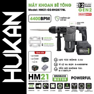 Máy khoan bê tông pin hukan hm21-g2-rh2877bl, máy mạnh êm do có giảm rung chấn, có chống lật cổ tay