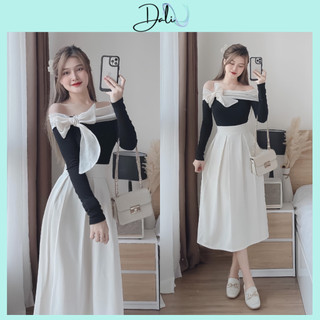 Set Tiểu Thư 2 Món Gồm Áo Thun Tăm Nơ Vai Dài Tay + Chân Váy Xếp Ly Dáng Dài