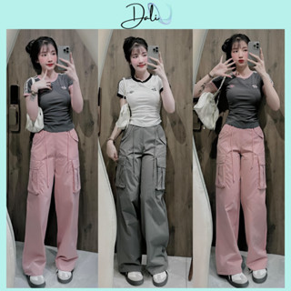 Set Áo Thun Croptop Phối Viền  + Quần Ống Rộng Túi Hộp Hack Dáng Cá Tính