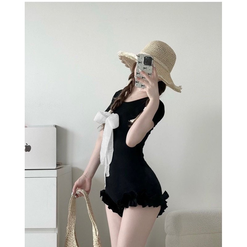 BARE_Jumsuit Bikini Bèo Nơ Ngực Tay Cộc Chất Co Dãn Thoải Mái, body suit đi biển đi chơi xinh- D053 | BigBuy360 - bigbuy360.vn