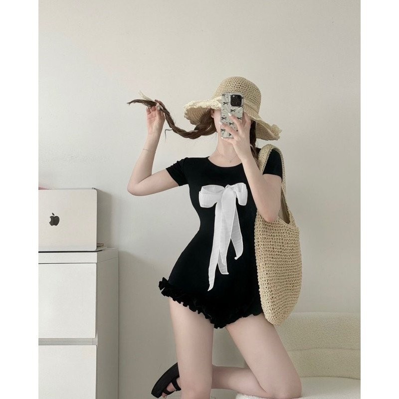 BARE_Jumsuit Bikini Bèo Nơ Ngực Tay Cộc Chất Co Dãn Thoải Mái, body suit đi biển đi chơi xinh- D053 | BigBuy360 - bigbuy360.vn