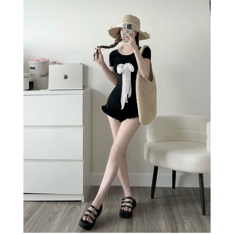 BARE_Jumsuit Bikini Bèo Nơ Ngực Tay Cộc Chất Co Dãn Thoải Mái, body suit đi biển đi chơi xinh- D053 | BigBuy360 - bigbuy360.vn