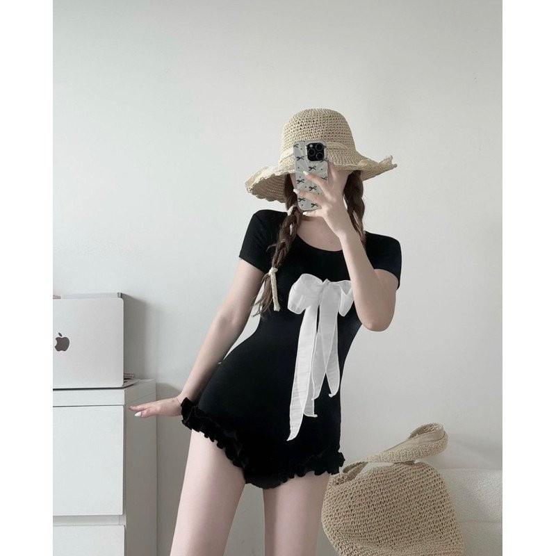 BARE_Jumsuit Bikini Bèo Nơ Ngực Tay Cộc Chất Co Dãn Thoải Mái, body suit đi biển đi chơi xinh- D053 | BigBuy360 - bigbuy360.vn