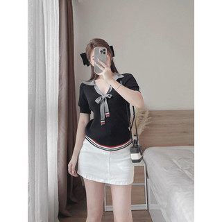 XEPU SHIRT | Áo len cổ V cột nơ ngực