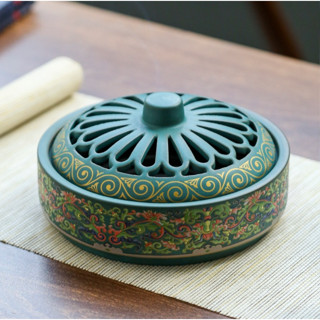 Lư Gốm Bẹt Xông Trầm Vẽ Gấm - Lò Xông Hương cao cấp