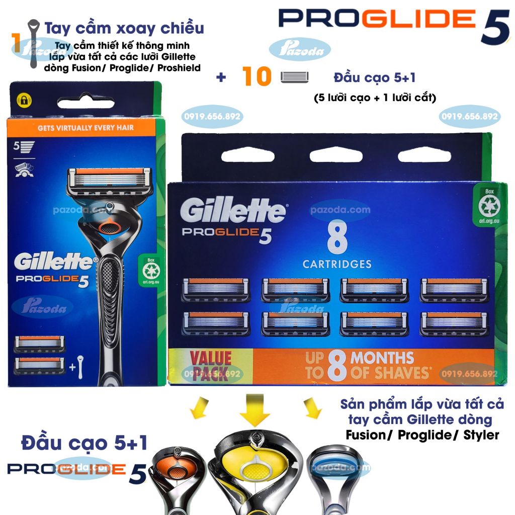 Bộ dao cạo râu 5 lưỡi Gillette Proglide5 (1 tay cầm xoay chiều và 10 đầu cạo 5+1)