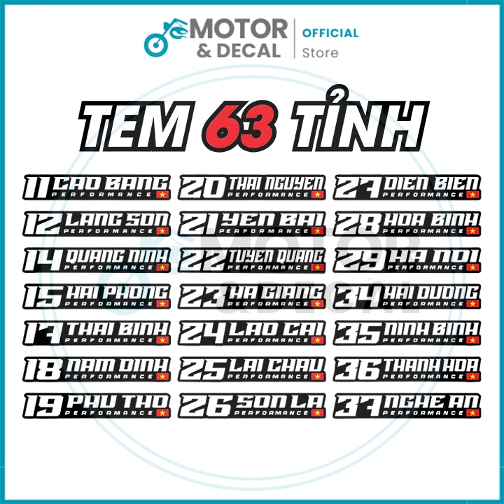 Tem Tỉnh Thành Việt Nam, Tem Dán Xe Performance 63 Tỉnh Thành ( Giá 2 tem ) - Tem UV mực nổi