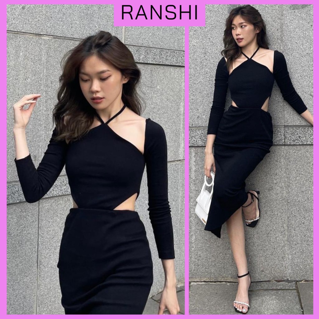 Đầm Body Dáng dài RANSHI,Váy Body Sexy Cổ Yếm Hở Lưng Dài Tay Khoét Eo Tôn Dáng Cho Nữ Sang Trọng Đi