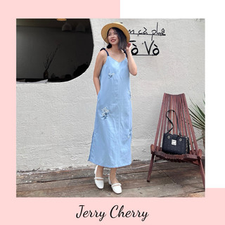 Đầm hai dây suông thêu hoa phối dây cột nơ