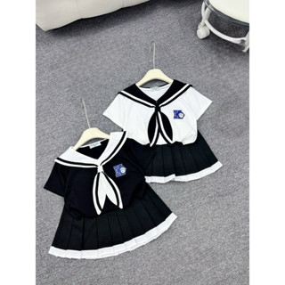 Bộ nơ thuỷ thủ Ong Kis cho bé gái K in chữ kèm chân váy đi học 16-28kg