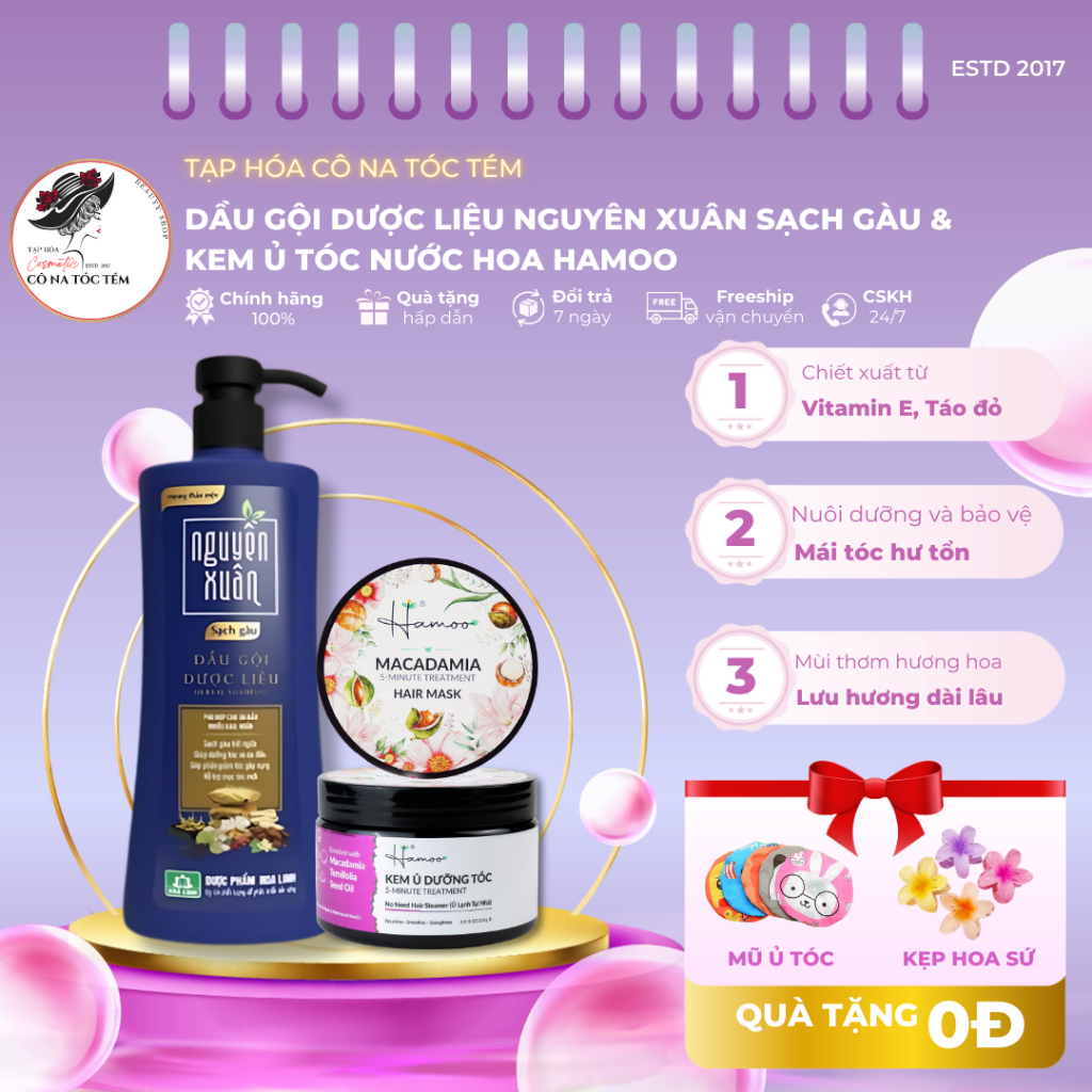 Dầu Gội Nguyên Xuân Sạch Gàu Dành Cho Tóc Gàu 250ml Và Ủ Tóc Hamoo Giảm Hư Tổn, Giúp Tóc Bóng Mượt