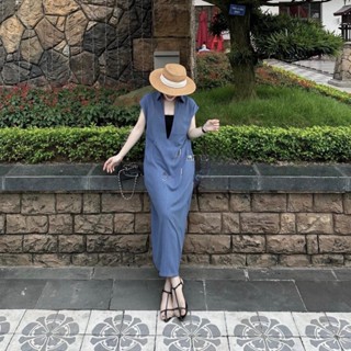 ( Có sẵn-ship ngay) SET VÁY XUÔNG CỔ V XẺ DÀI TAY LIỀN MIX ÁO 2 DÂY