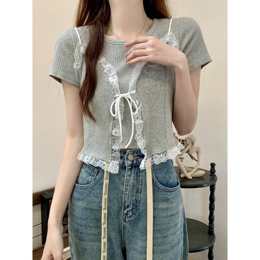 BARE_Set 2 áo thun tay ngắn kèm áo khoác viền ren chất thun gân tăm phong cách Hàn quốc-A389