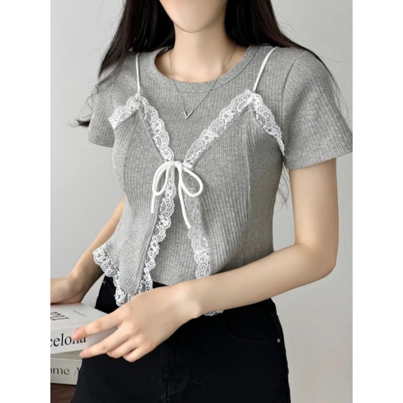BARE_Set 2 áo thun tay ngắn kèm áo khoác viền ren chất thun gân tăm phong cách Hàn quốc-A389