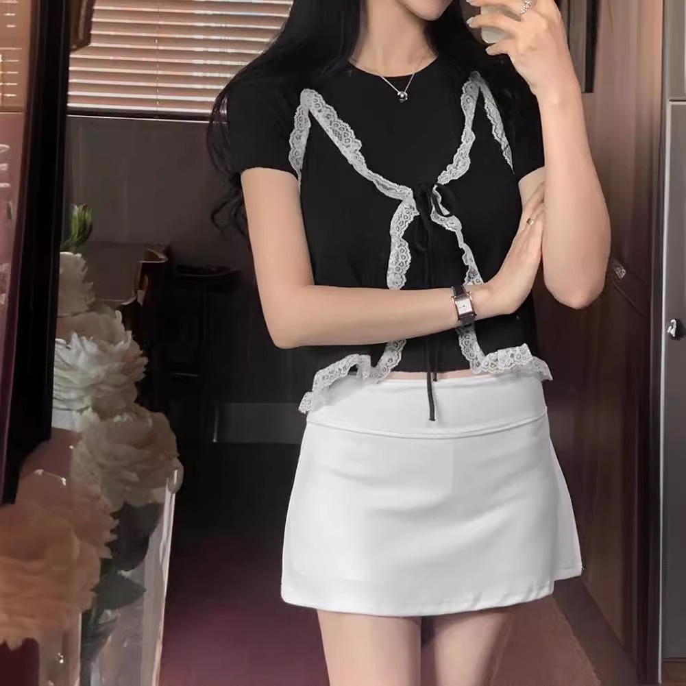 BARE_Set 2 áo thun tay ngắn kèm áo khoác viền ren chất thun gân tăm phong cách Hàn quốc-A389