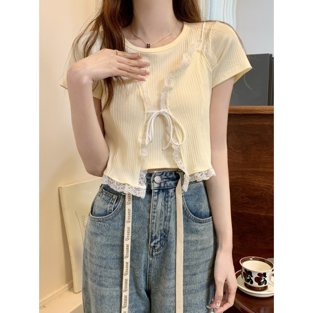 BARE_Set 2 áo thun tay ngắn kèm áo khoác viền ren chất thun gân tăm phong cách Hàn quốc-A389