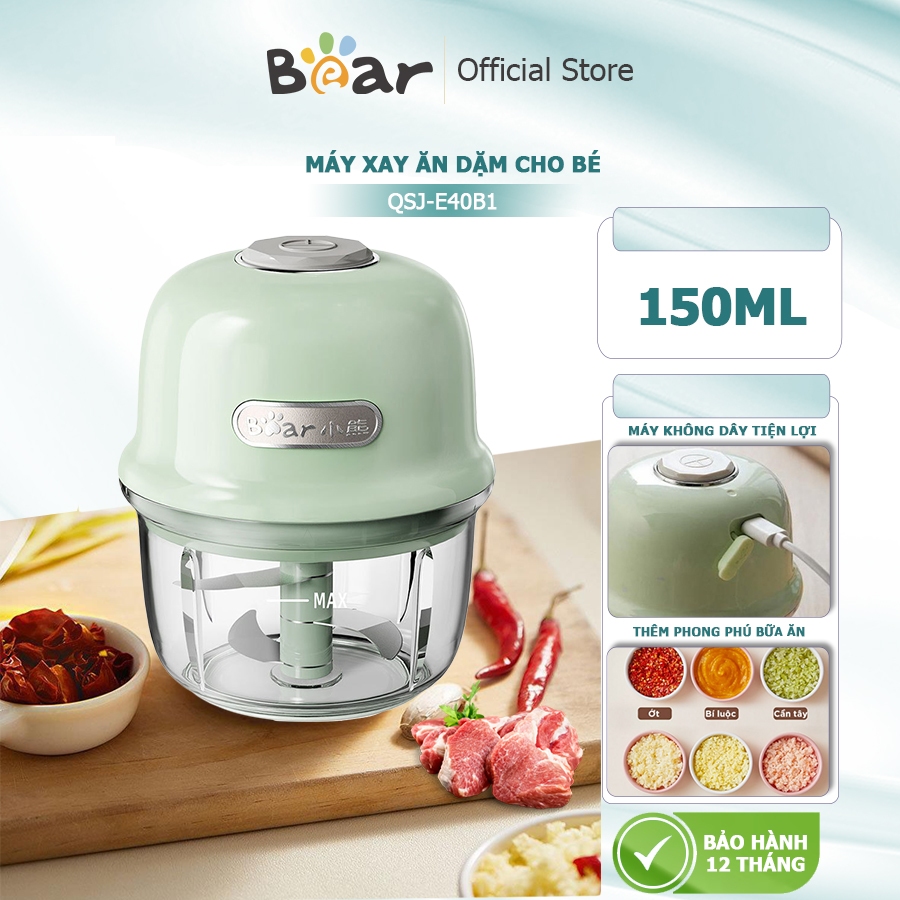 Máy xay ăn dặm Bear QSJ-E40B1, Máy xay tỏi ớt, xay thịt mini 150ml, PIN 1300 mAh, cổng sạc USB đa nă