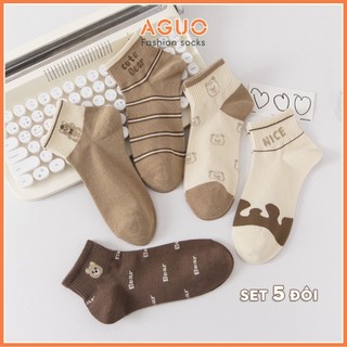 Set tất gấu 5 đôi cổ ngắn, tất vớ chât liệu cotton co dãn thoáng khí - Aguo shop