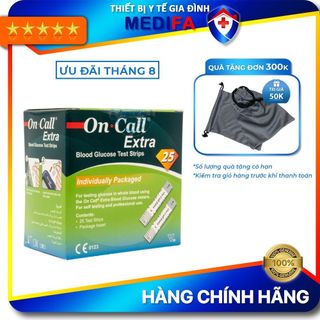 Hộp 25 Que thử đường huyết On Call Extra, NK chính ngạch, Tem niêm phong, nhãn phụ TV đẩy đủ
