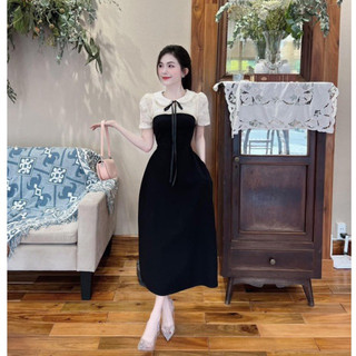 Váy đen dự tiệc phối ren nơ