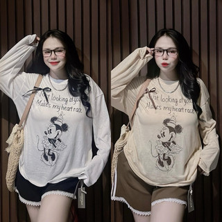 Set bộ tăm lạnh áo thun thụng tay dài in chữ micky + quần short đùi viền