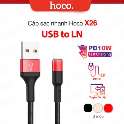 Cáp sạc Hoco X26 USB to IP dùng cho ip7/8/X/11/12 sạc nhanh 2A MAX, dây sạc bọc dù chống rối chống đứt DÀI 1M