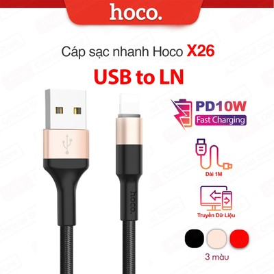 Cáp sạc PD10W Hoco X26 USB to IP dùng cho ip6/7/8/X dây sạc bọc dù chống rối dài 100CM ( Đen Vàng )