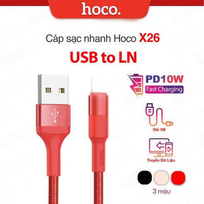Cáp sạc 2A Hoco X26 USB to IP dùng cho ip6/7/8/X/11/12/13/14 dây sạc bọc dù chống rối dài 100CM (MÀU ĐỎ )