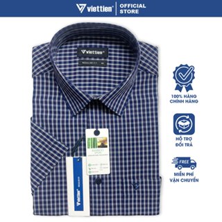 VIỆT TIẾN SALE - Áo Sơ Mi VIETTIEN Tay Ngắn, Màu Xanh Navy Họa Tiết Caro, Form Regular Fit Lai Ngang