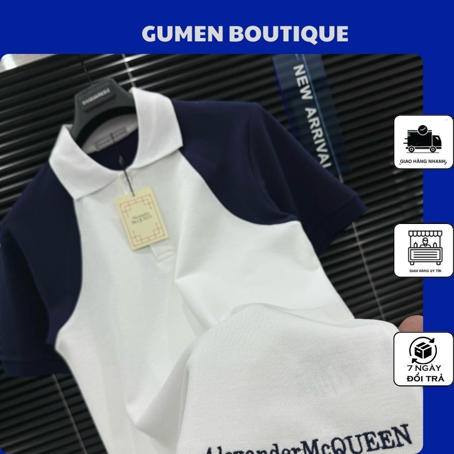 Áo Polo Nam Nữ MC Queen Thêu Chữ Đuôi Áo Mix Tay Xanh Than - Áo Polo Nam MC Queen Thêu Chữ Hot Hit