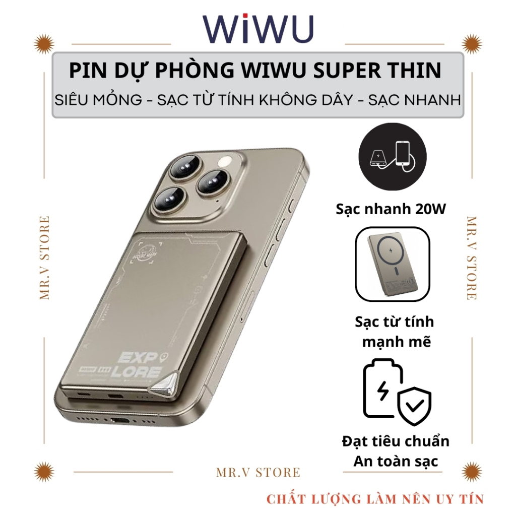 Pin sạc dự phòng từ tính không dây siêu mỏng 22.5W 10.000 Mah WIWU Super Thin PD Type C iPhone 15 14